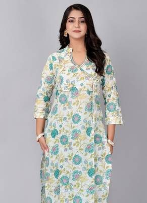 Cream printed stand collar kurta with pant 4