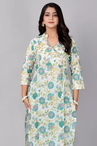 Cream printed stand collar kurta with pant