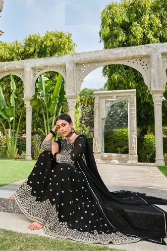 INDIAN PAKISTANI GEORGETTE BLACK SHARARA SALWAR READYMADE EMBROIDERY sequin 