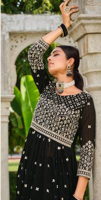 INDIAN PAKISTANI GEORGETTE BLACK SHARARA SALWAR READYMADE EMBROIDERY sequin  4