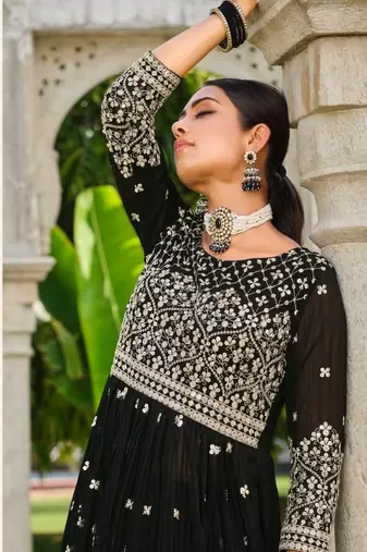 INDIAN PAKISTANI GEORGETTE BLACK SHARARA SALWAR READYMADE EMBROIDERY sequin 