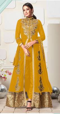 INDIAN PAKISTANI GEORGETTE YELLOW ANARKALI KOTI SALWAR READYMADE EMBROIDERY sequin  1