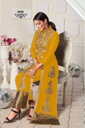 INDIAN PAKISTANI GEORGETTE YELLOW ANARKALI KOTI SALWAR READYMADE EMBROIDERY sequin 