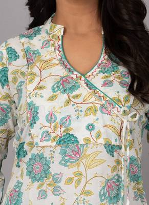 Cream printed stand collar kurta with pant 5
