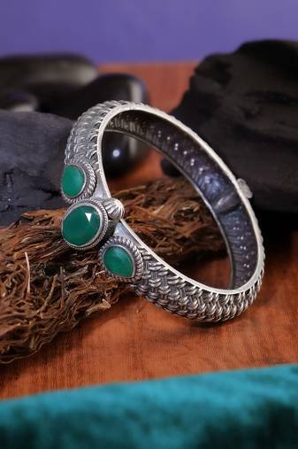 Women oxidised silver plated stone-studded bangles