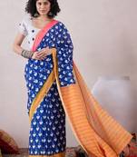women blue linen ikat printed saree