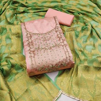 Manvaa women's peach handwork with banarasi dupatta banarasi dress material 1
