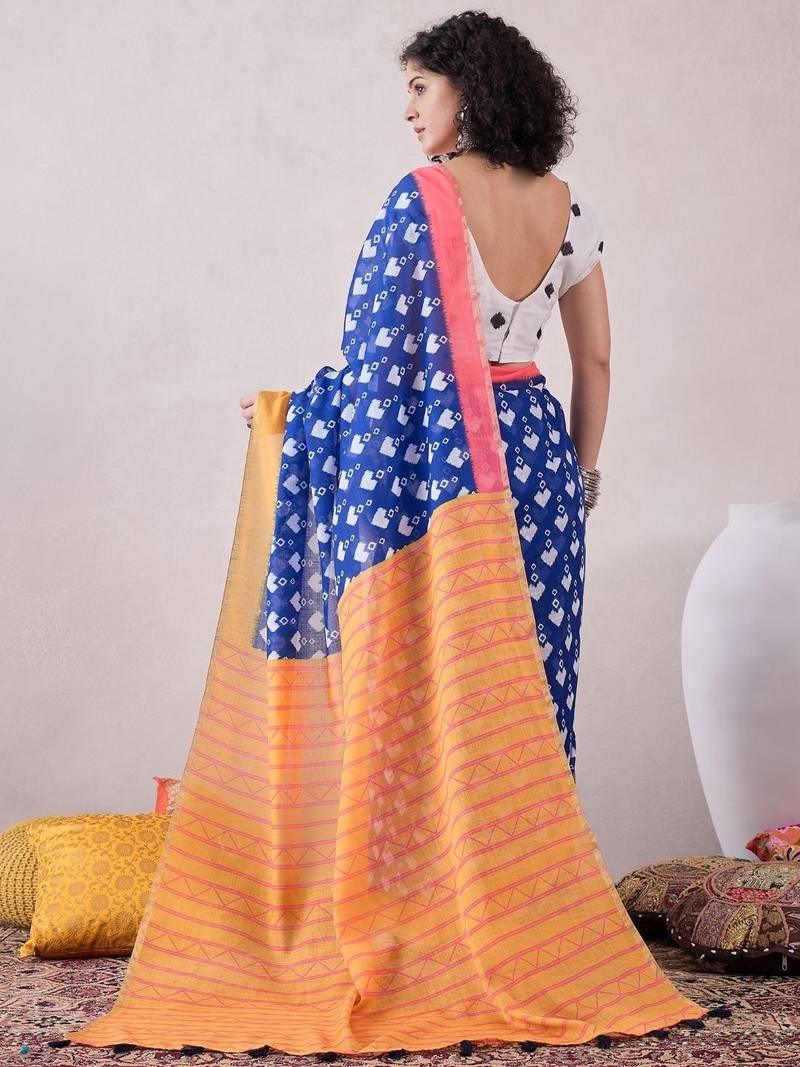 women blue linen ikat printed saree
