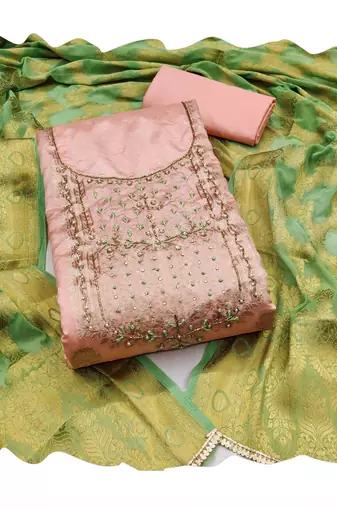 Manvaa women's peach handwork with banarasi dupatta banarasi dress material