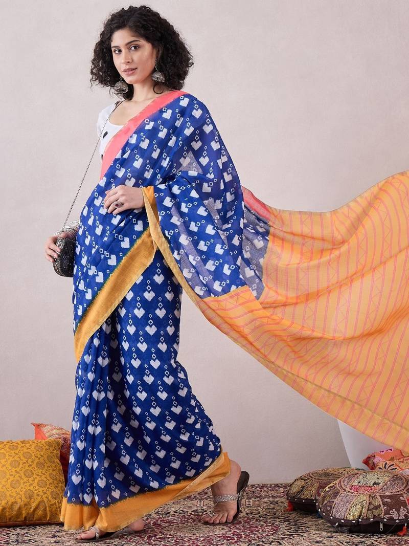 women blue linen ikat printed saree