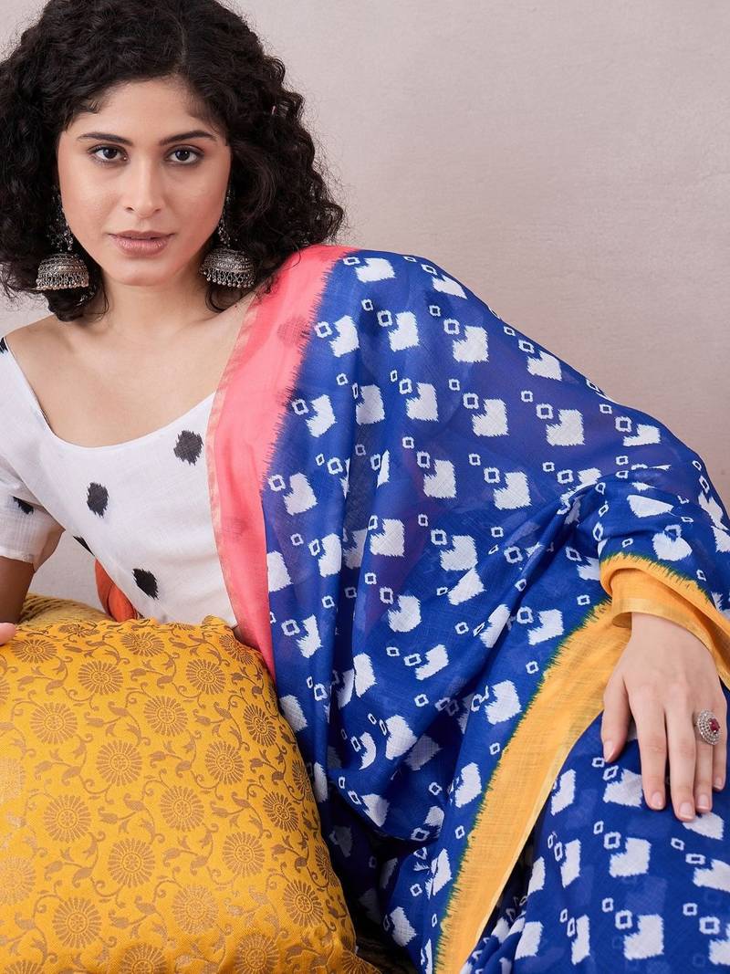 women blue linen ikat printed saree