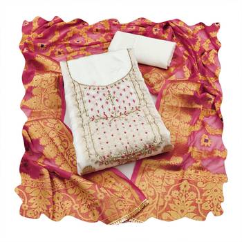 Manvaa women's white handwork with banarasi dupatta banarasi dress material 3