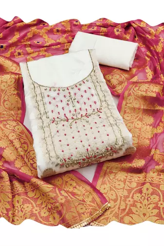 Manvaa women's white handwork with banarasi dupatta banarasi dress material