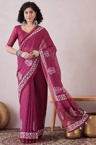 women pink linen dabu printed saree