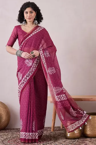 women pink linen dabu printed saree