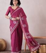 women pink linen dabu printed saree