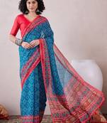 women blue linen bandhani printed saree