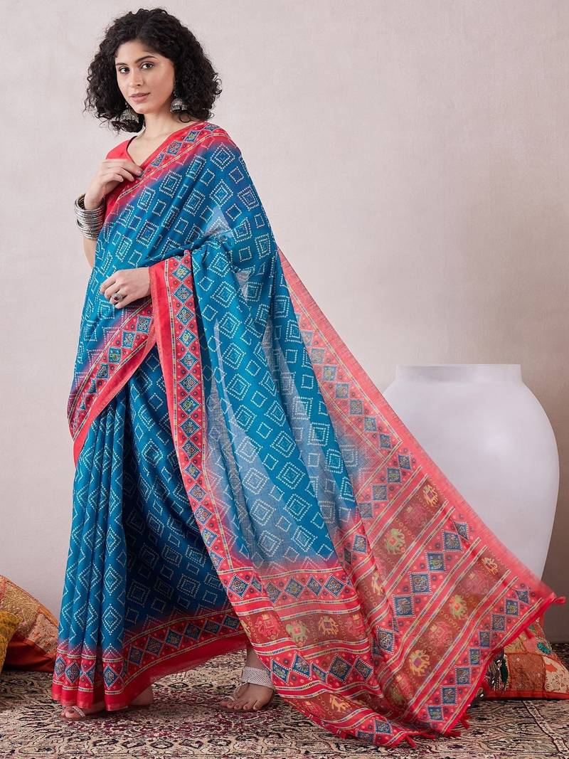 women blue linen bandhani printed saree
