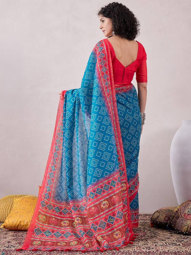 women blue linen bandhani printed saree