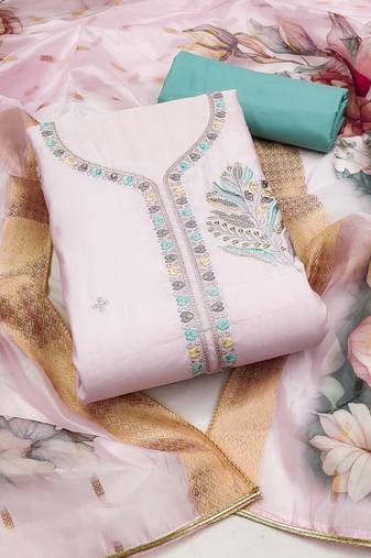 Manvaa women's pink unstitched sequence embroidery roman silk dress material 