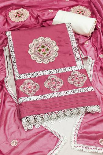 Manvaa women's pink unstitched sequence embroidery roman silk dress material 