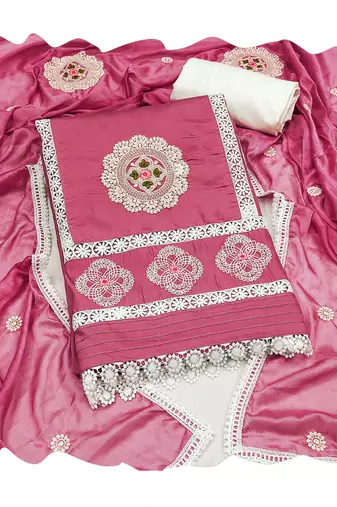 Manvaa women's pink sequence embroidery roman silk dress material
