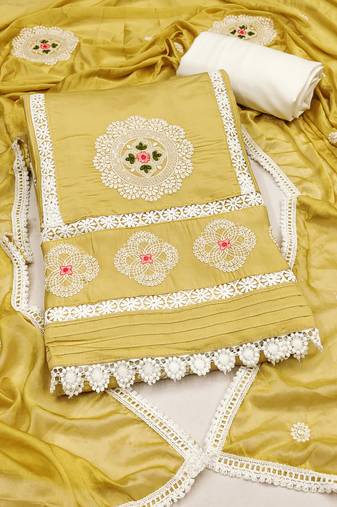 Manvaa women's yellow unstitched sequence embroidery roman silk dress material 