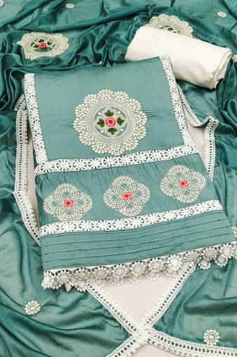 Manvaa women's sea green unstitched sequence embroidery roman silk dress material 