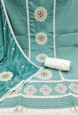 Manvaa women's sea green sequence embroidery roman silk dress material 2