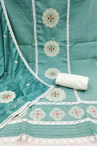 Manvaa women's sea green sequence embroidery roman silk dress material