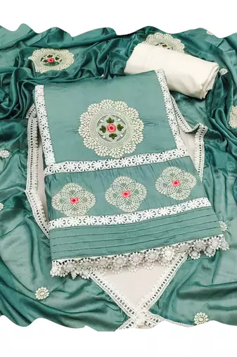 Manvaa women's sea green sequence embroidery roman silk dress material