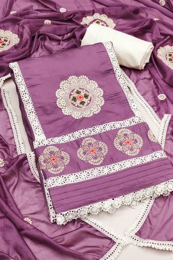 Manvaa women's purple unstitched sequence embroidery roman silk dress material 