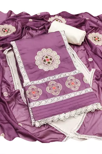 Manvaa women's purple sequence embroidery roman silk dress material