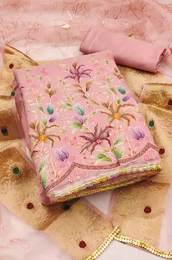 Manvaa women's pink embroidery organza dress material
