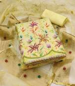 Manvaa women's yellow unstitched embroidery organza dress material