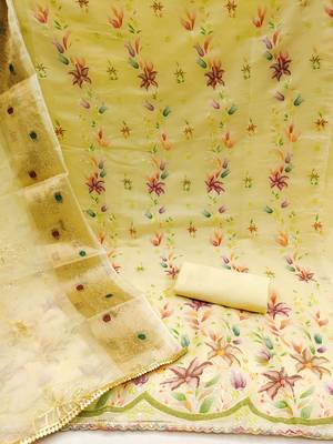 Manvaa women's yellow embroidery organza dress material 2