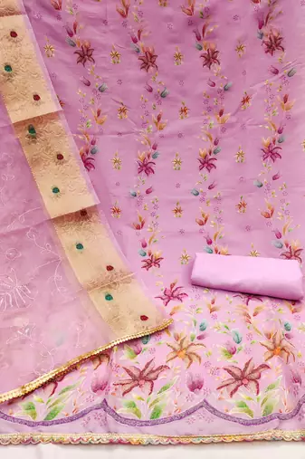 Manvaa women's baby pink embroidery organza dress material