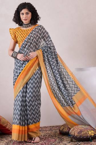 women grey linen ikat printed saree