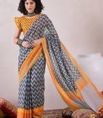 women grey linen ikat printed saree