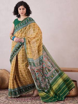 women cream linen patola printed saree 1