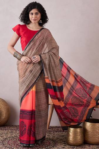 women brown linen ethnic motifs printed saree