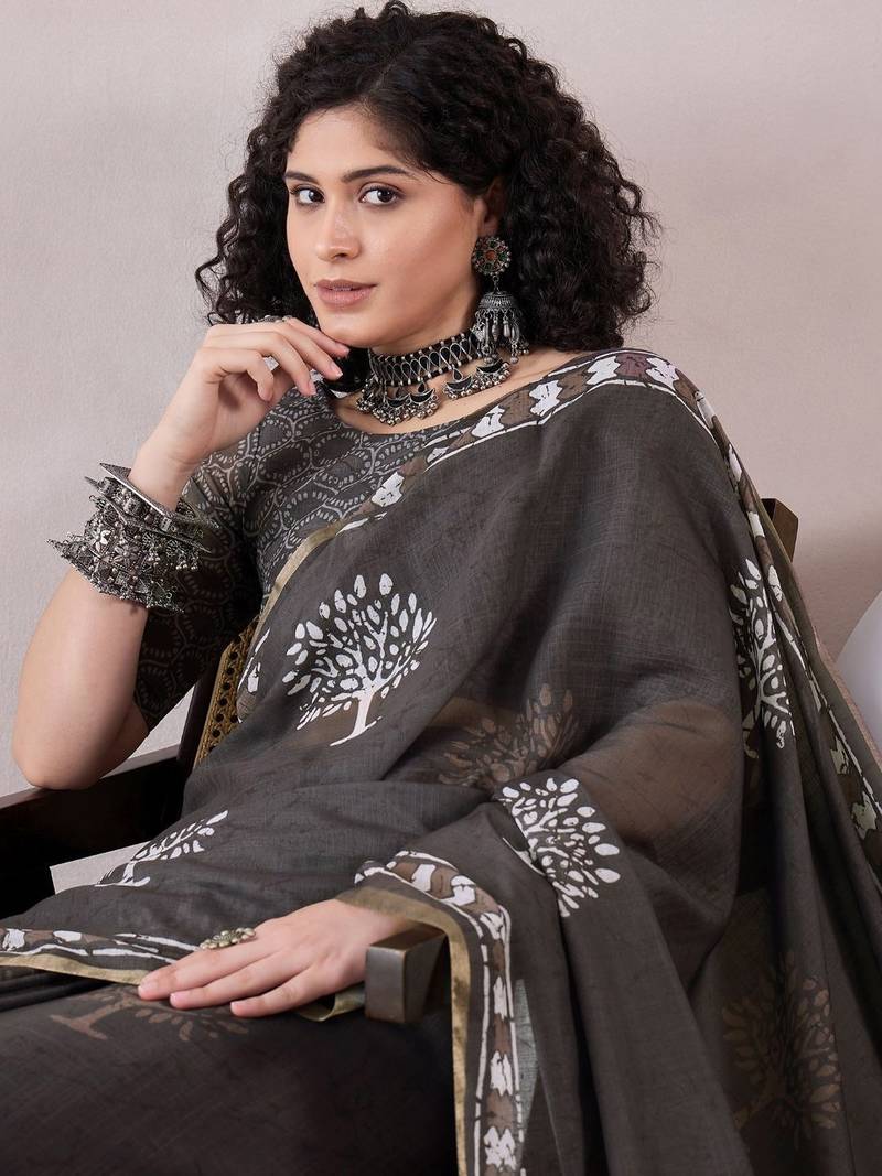 women grey linen dabu printed saree