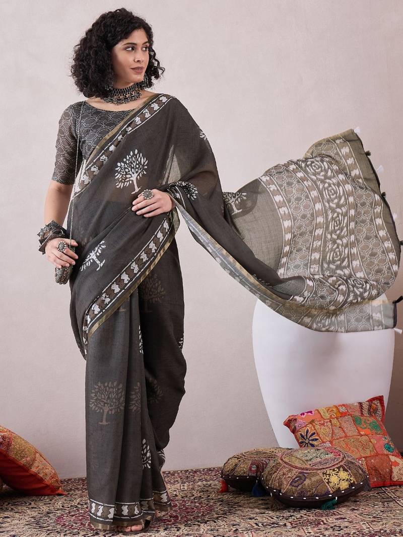 women grey linen dabu printed saree