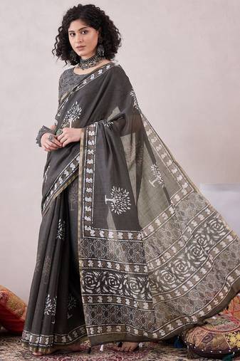 women grey linen dabu printed saree