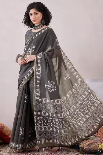 women grey linen dabu printed saree