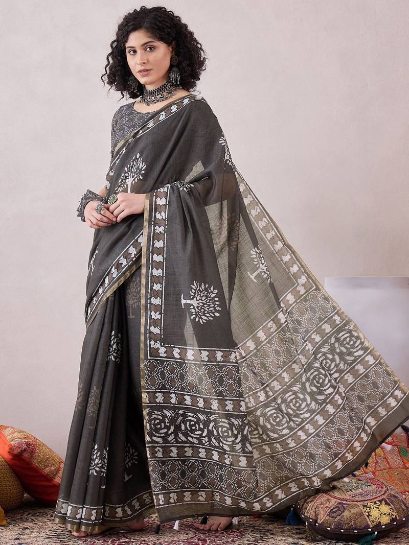 women grey linen dabu printed saree