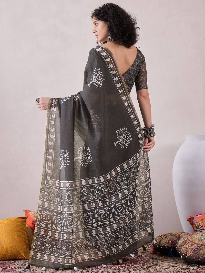 women grey linen dabu printed saree