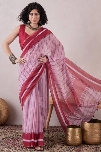 women red linen geometric printed saree