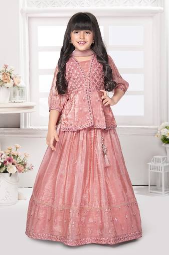 Tiny kingdom pink colored embroidered sequins satin fabric lehenga choli set