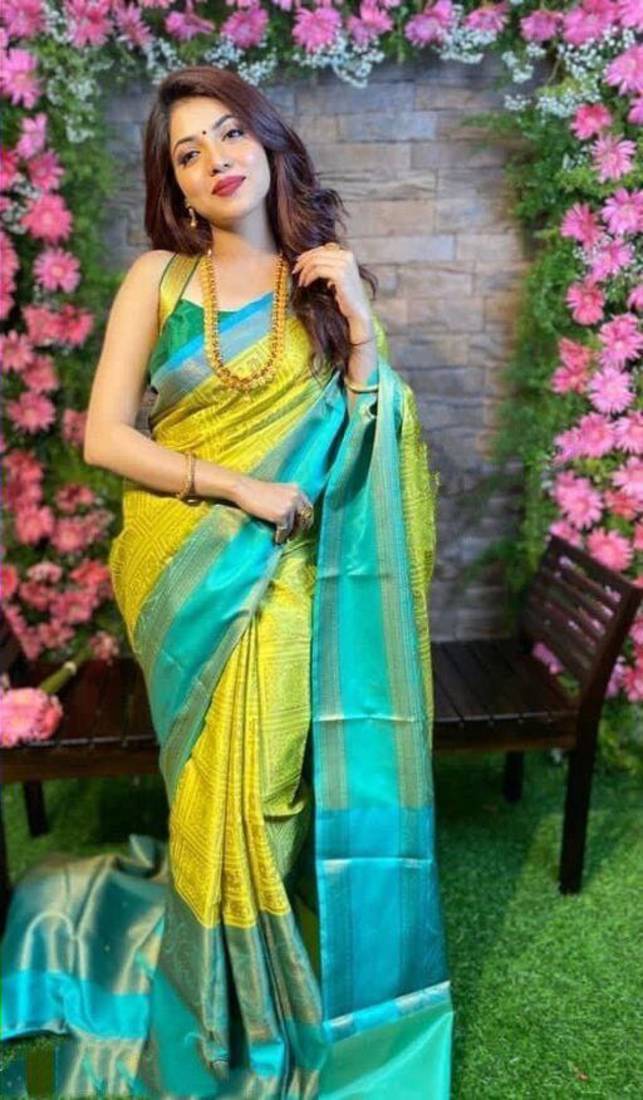 Yellow Woven Faux Kanjivaram Silk Saree With Blouse Piece